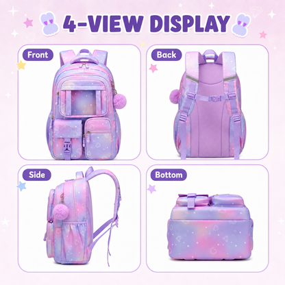 MEHOOM Girls Backpack for School, Kids Bookbag for Girls, Kawaii School Bag with Clear Display Pocket, Large Capacity Elementary Middle School Backpack, Purple Gradient
