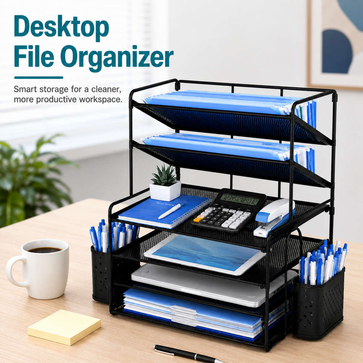 MEHOOM 6-Tier Desk Organizer, Metal File Organizer with Letter Tray Paper Organizer, Desktop Document & Mail Organizer, Office Supplies Organizer with 2 Pen Holders, Office Desk Accessories for Home,