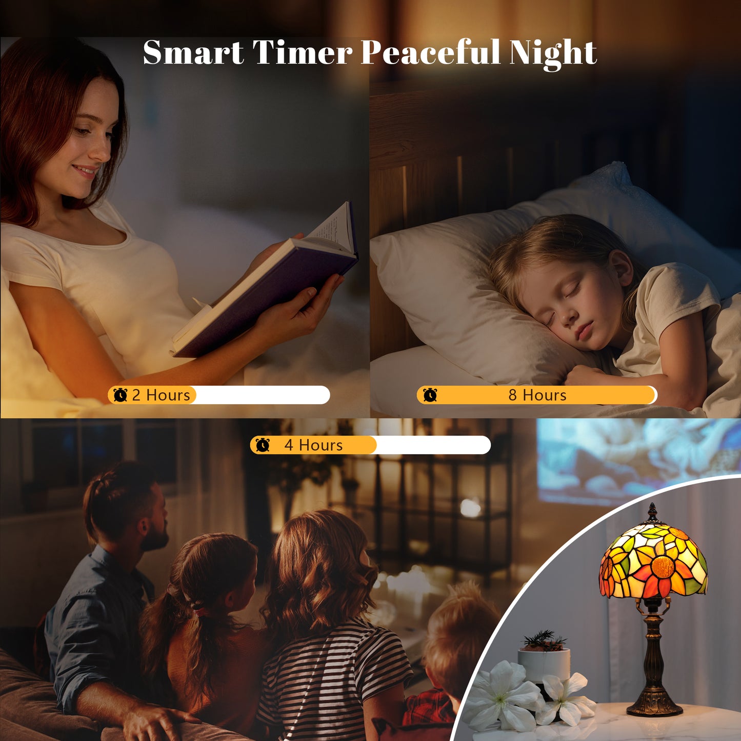 MEHOOM Sunflower Tiffany Style Table Lamp with Stained Glass Lamp Shade, LED 3 Color,Auto Timer Dimmable,Bedroom, Living Room