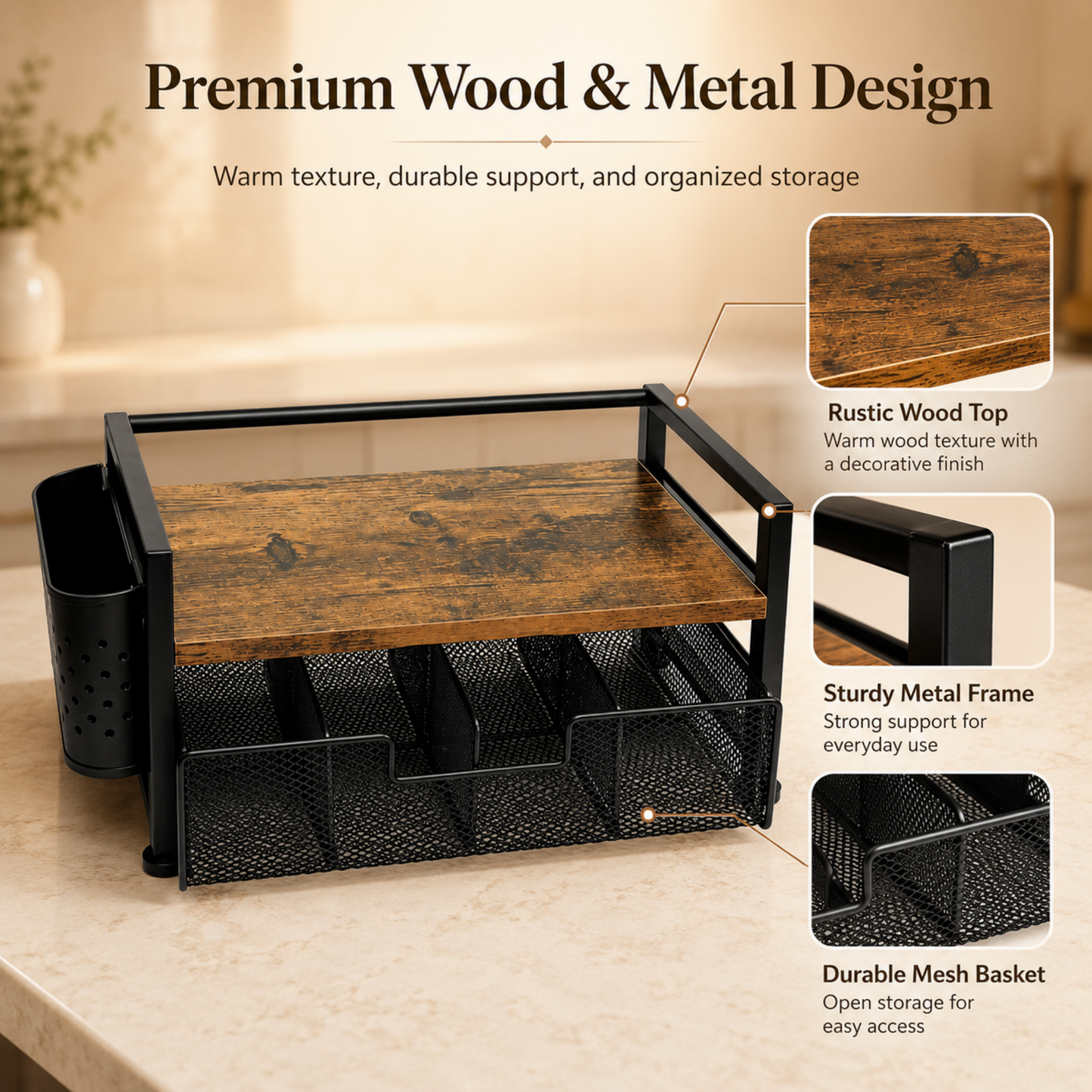 MEHOOM Tea Bag Organizer Kitchen Storage Box, Wood and Metal Tea Holder with Drawer, Countertop Tea Station Chest Display Container, Rustic Brown