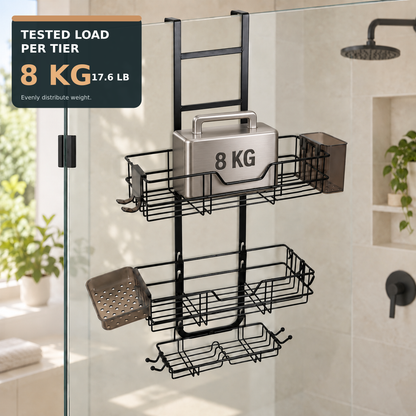 MEHOOM 3-Tier Over the Door Shower Caddy for Glass Door, No-Drill Hanging Shower Organizer with Soap Dish, Razor Holder, Hooks, Black