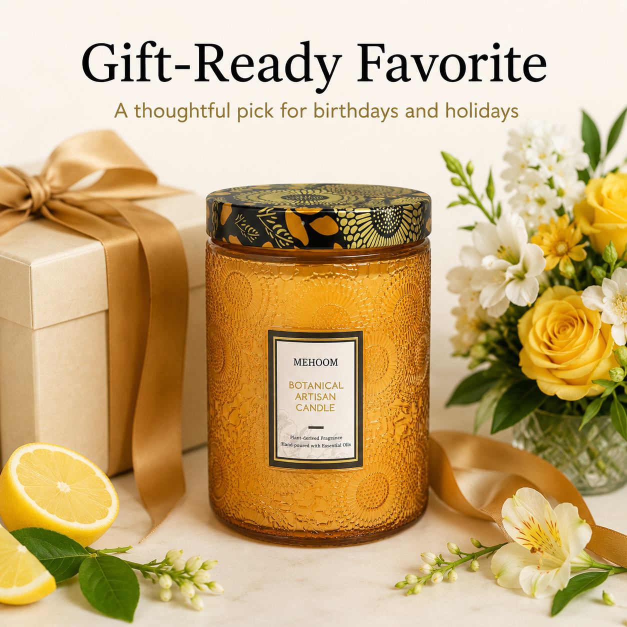 MEHOOM Lemon Wood Wick Scented Candle, 20oz Large Beeswax & Soy Blend, Clean Burning 100-Hour Candle, Cozy Gift for Home Decor