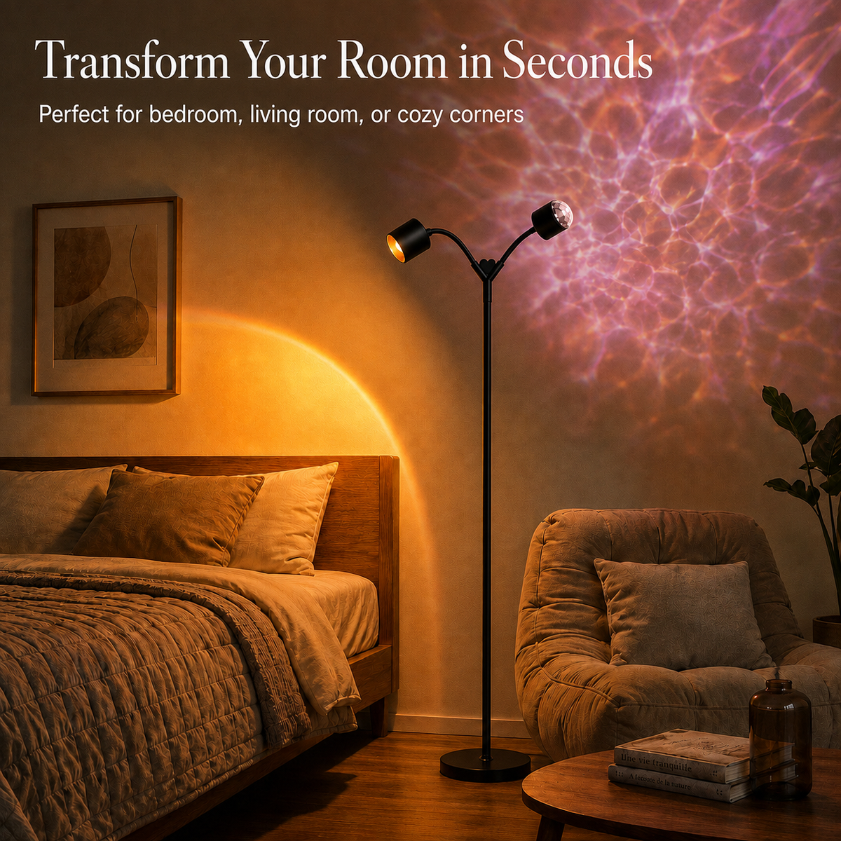 MEHOOM  Double-Headed Floor Lamp , 360°Rotating Sunset Lamp Ambiance Comes with 7 Color Swatches,  Modern Floor Stand Night Light for Living Rooms, Bedrooms & Offices