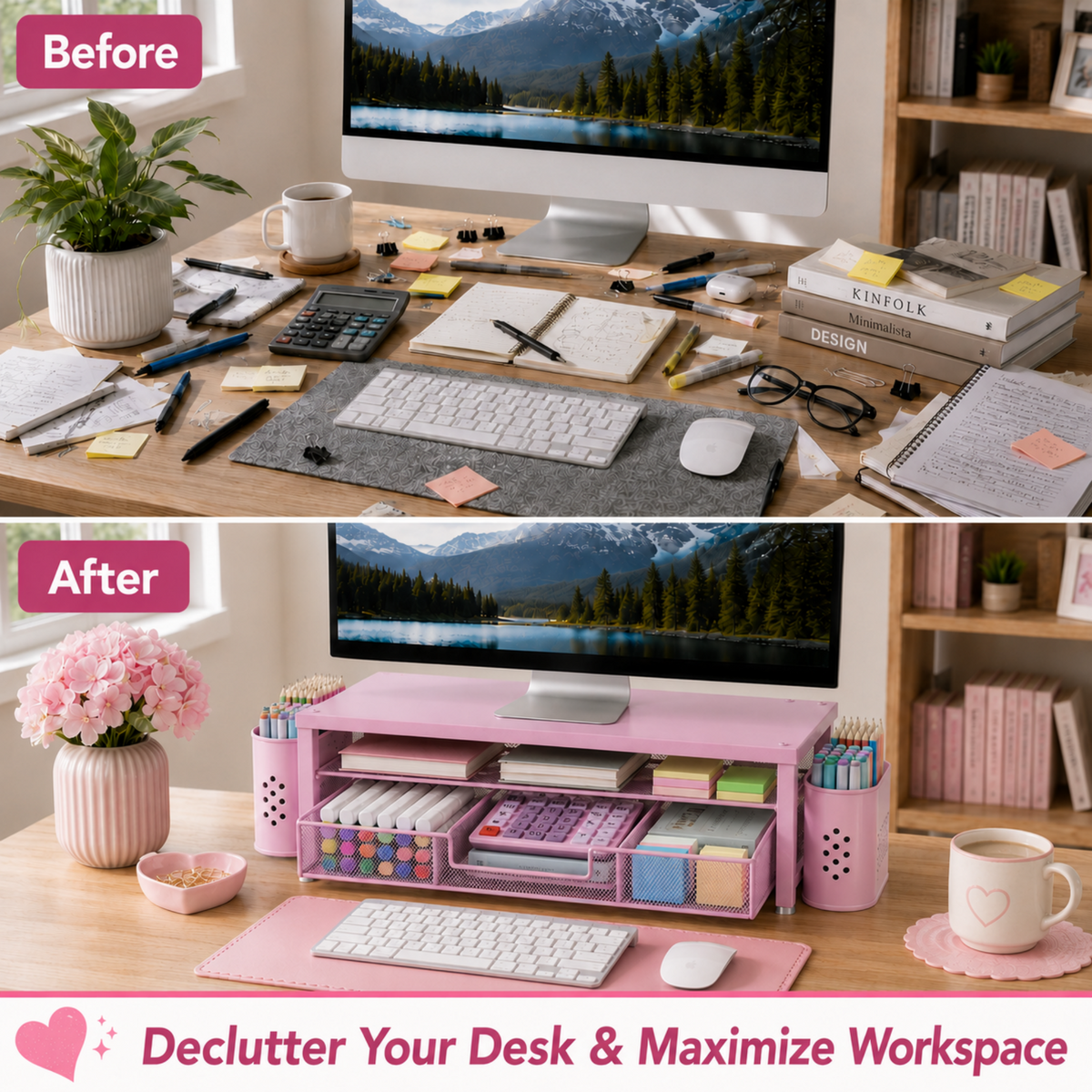 MEHOOM Desk Organizer, 3-Tier Monitor Stand with Storage and 2 Pen Holder, Laptop Stand, Office Desk Accessories for Office Supplies, Pink