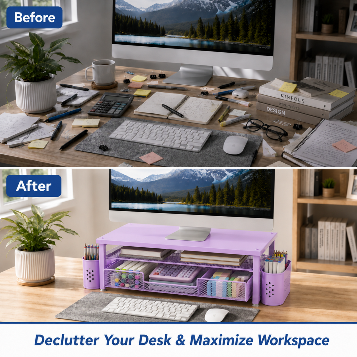MEHOOM Desk Organizer, 2-Tier Monitor Stand with Storage and 2 Pen Holder, Laptop Stand, Office Desk Accessories for Office Supplies, Purple