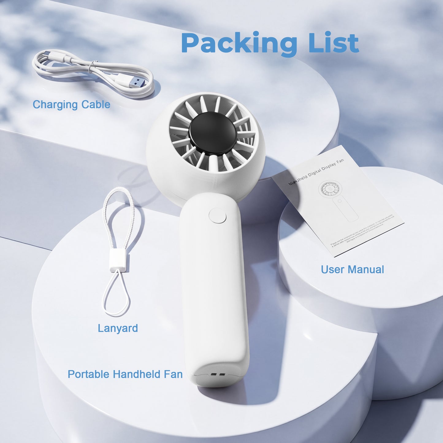 MEHOOM Portable Handheld Turbo Fan, 5-Speed Desk Fan with 4000mAh Battery, Up to 18-Hour Runtime Small Personal for Travel, Outdoor, Beach, White