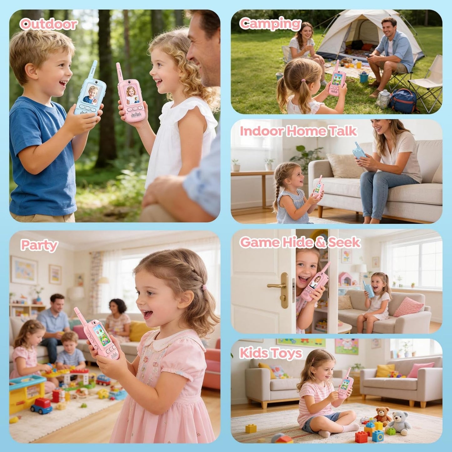 Multifunctional Video Walkie Talkies for Kids, Rechargeable Walkie Talkies with Camera & Message Storage, Long-Range Two-Way Radios for Indoor Outdoor Play, Boys & Girls Ages 3–12(Blue/Pink)
