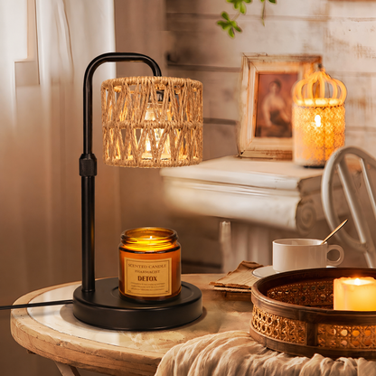 MEHOOM Rattan Candle Warmer Lamp with Dimmer Timer, Adjustable Height Warmer for Jar Candles, Light Brown Lampshade with 2 Bulbs, Home Decor Gifts for Bedroom Living Room