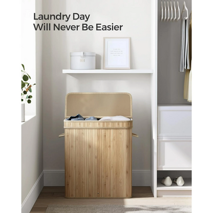 XGVGI Foldable Laundry Hamper with Lid, 100L Large Bamboo Clothes Basket with Removable Liner & Handles, Tall Rectangular Hamper for Bedroom, Bathroom, Small Spaces (Natural)