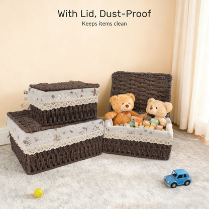 XGVGI Wicker Basket Set of 3 – Woven Storage Baskets for Bedroom, Closet, Table, or Living Room (Dark Brown)