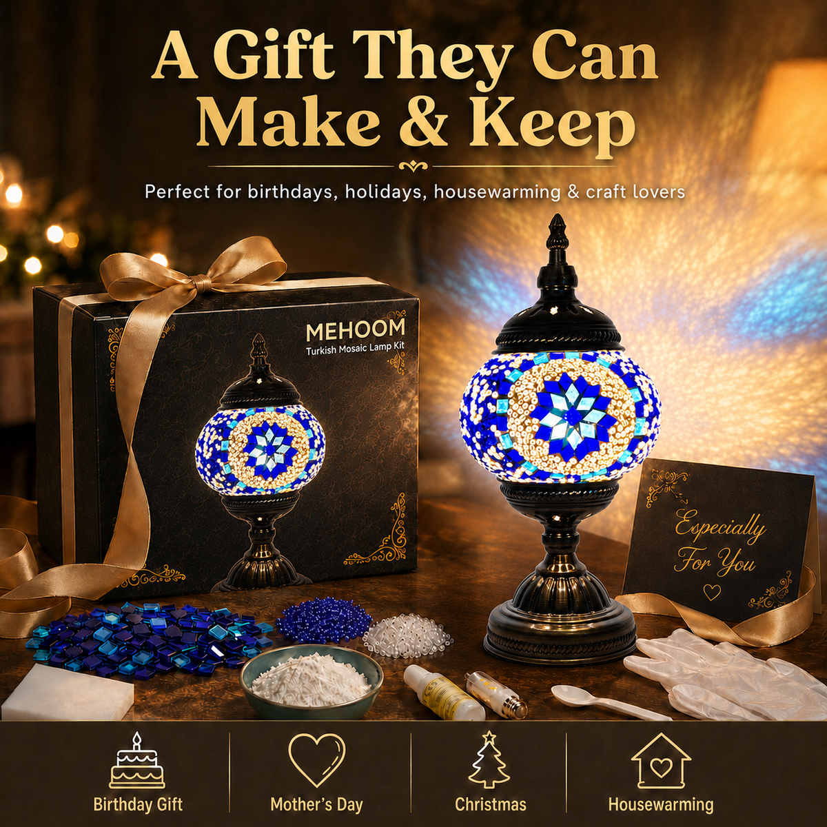 MEHOOM Classic DIY Mosaic Lamp Kit,Turkish Crafts Kit for Adult,Moroccan Decor, Perfect Gift for Her or Him