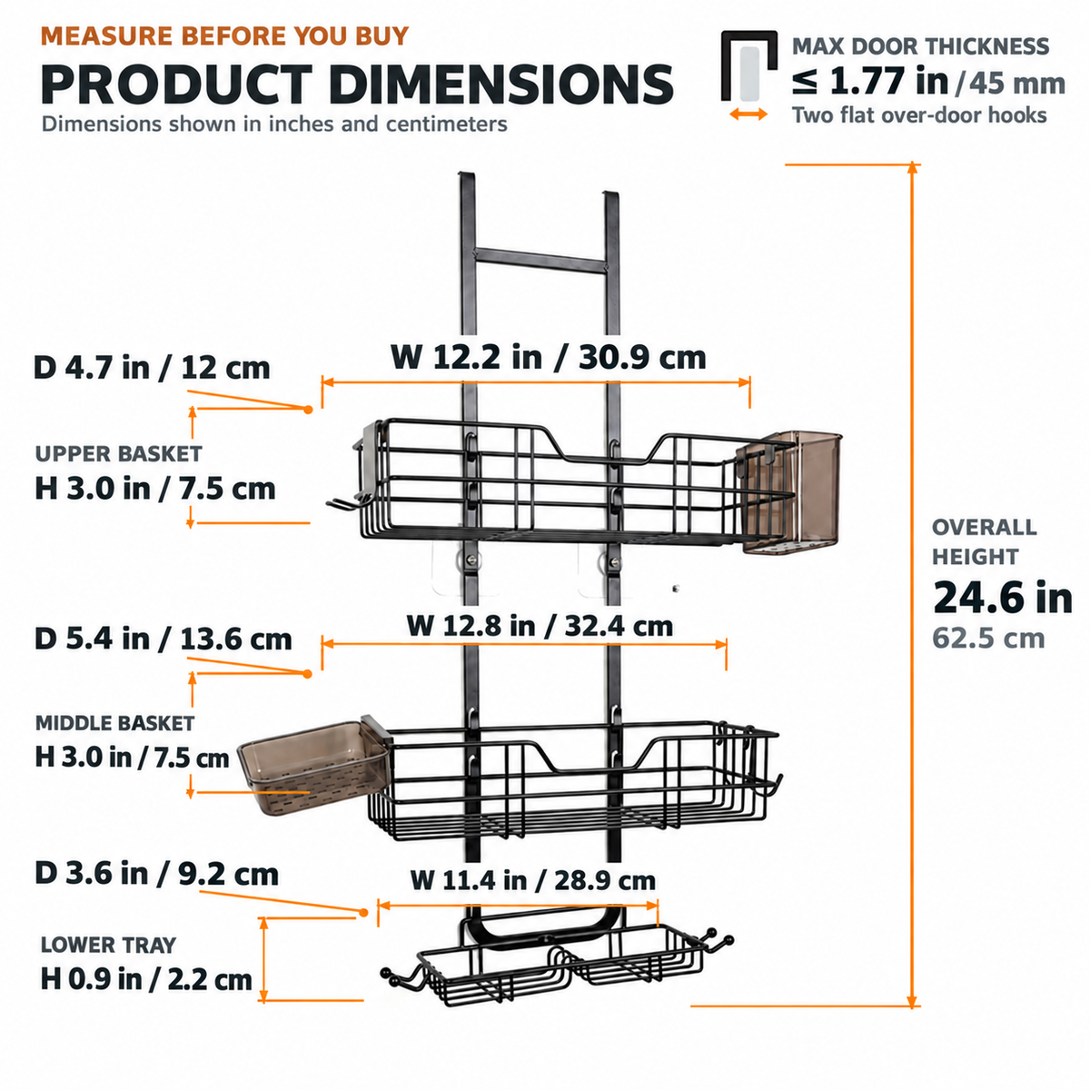 MEHOOM 3-Tier Over the Door Shower Caddy for Glass Door, No-Drill Hanging Shower Organizer with Soap Dish, Razor Holder, Hooks, Black
