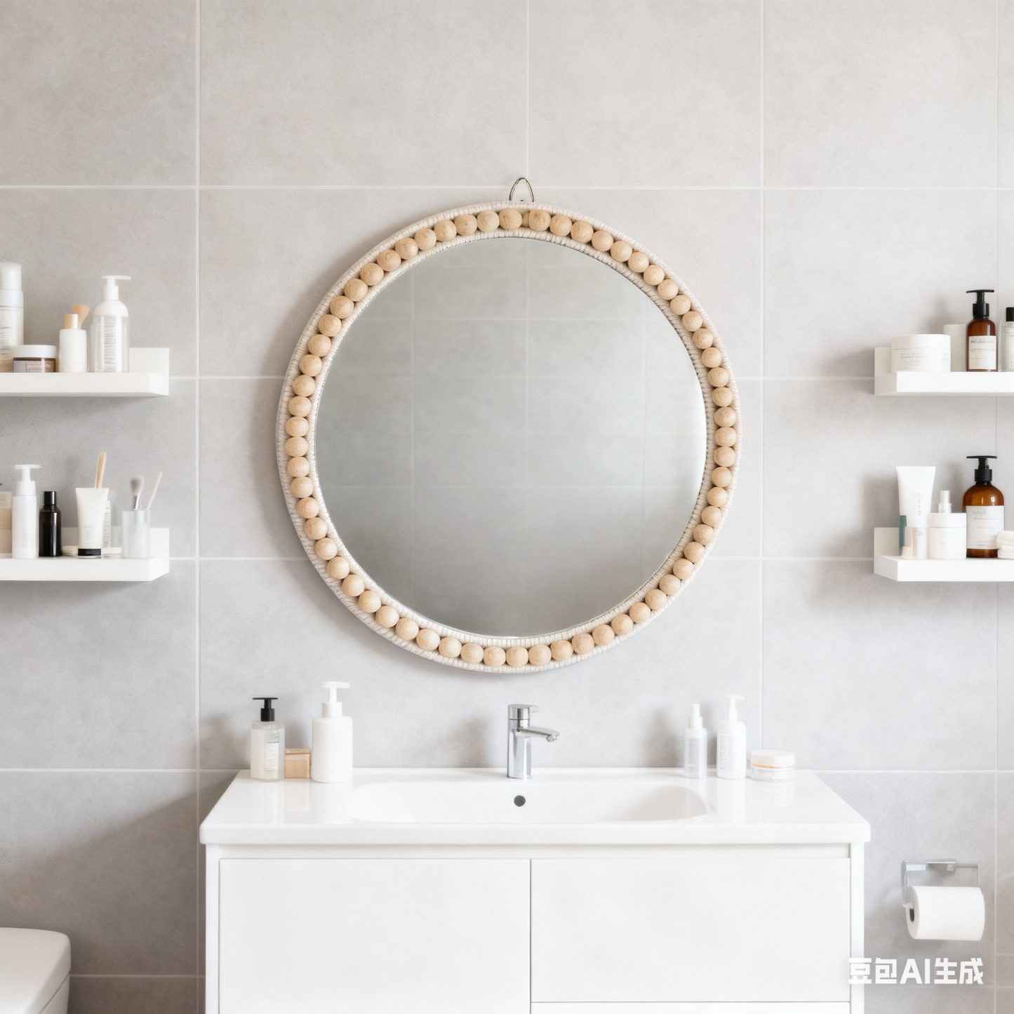 MEHOOM 20" Round Wall Mirror, Boho Hanging Round Mirror, Wall Decor for Bedroom, Bathroom, Living Room, Beige