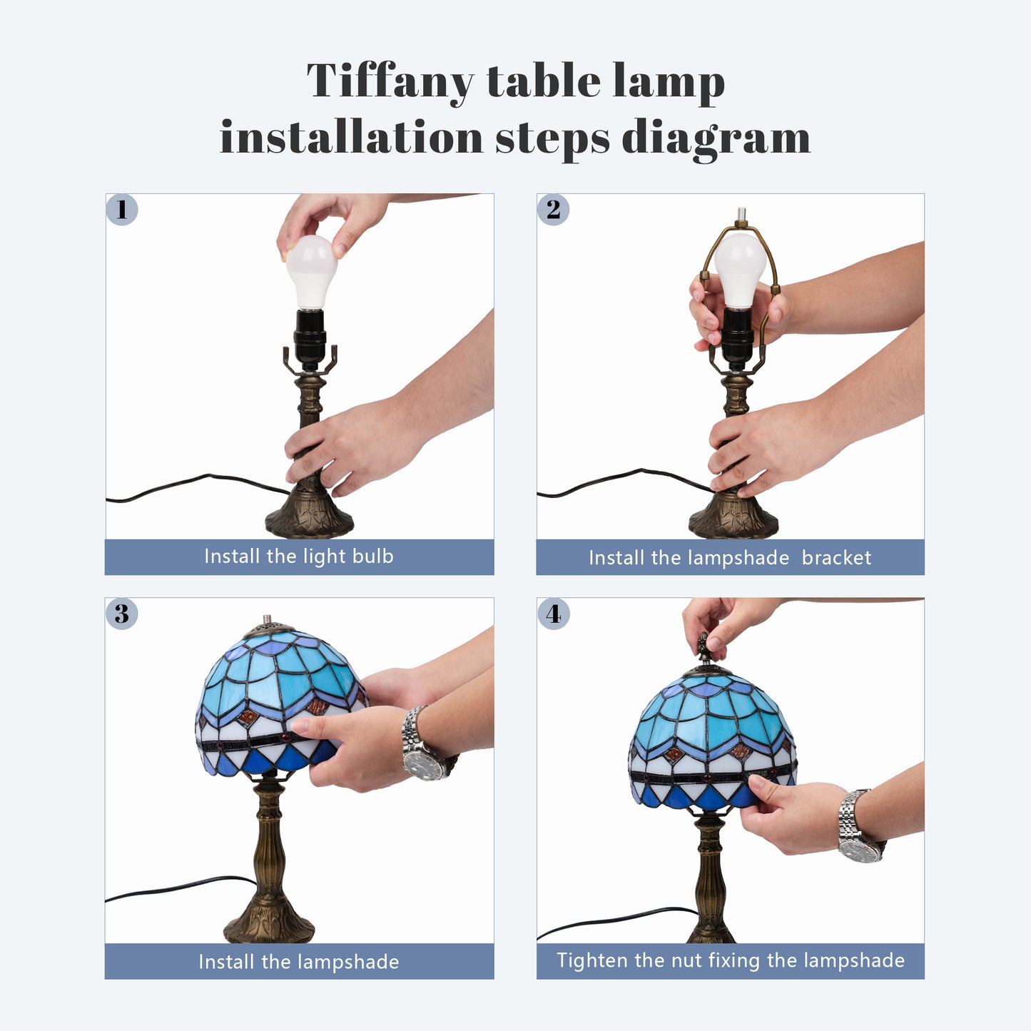 MEHOOM Tiffany Style Table Lamp with Stained Glass Lamp Shade, LED 3 Color,Auto Timer Dimmable,Bedroom, Living Room