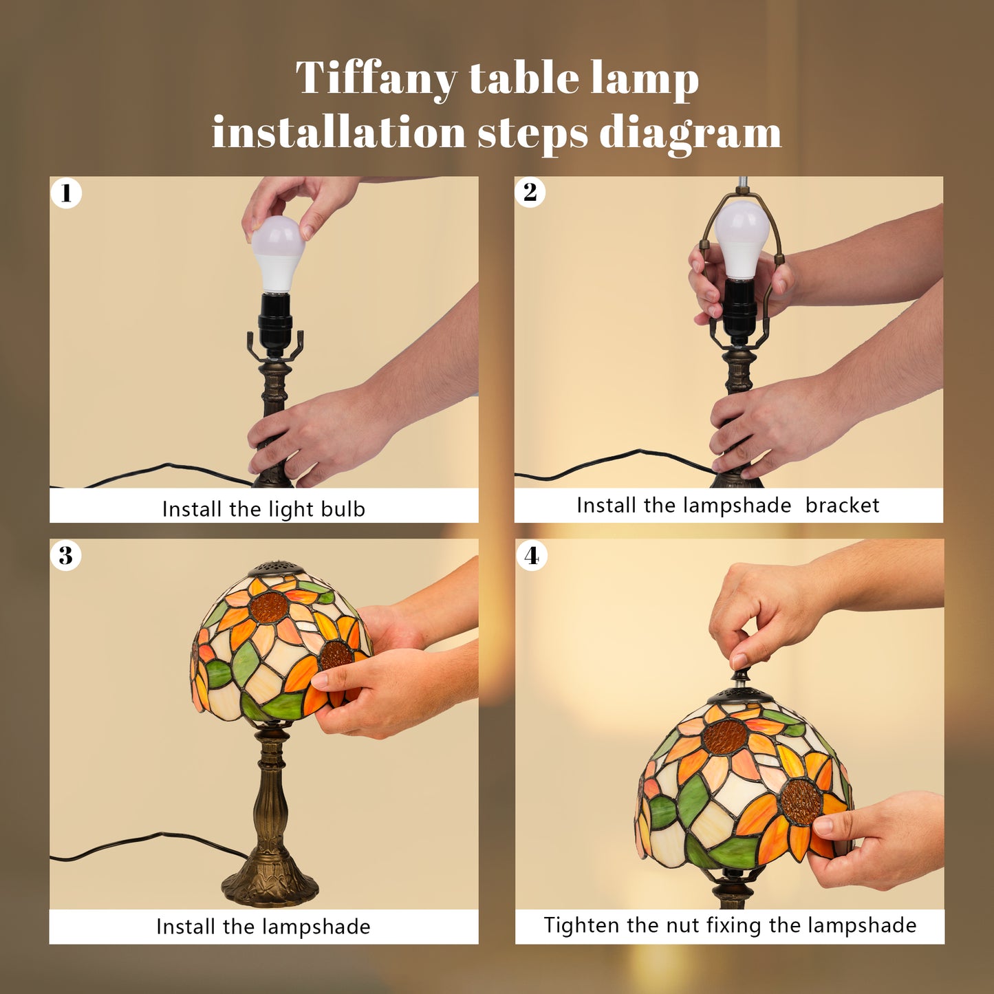 MEHOOM Sunflower Tiffany Style Table Lamp with Stained Glass Lamp Shade, LED 3 Color,Auto Timer Dimmable,Bedroom, Living Room