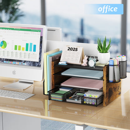 MEHOOM Desk Organizer with File Holder,4-Tier Desk File Organizer with Drawer and 2 Pen Holders, Office Desk Accessories, File Sorters, Workspace Organizers for Office Supplies