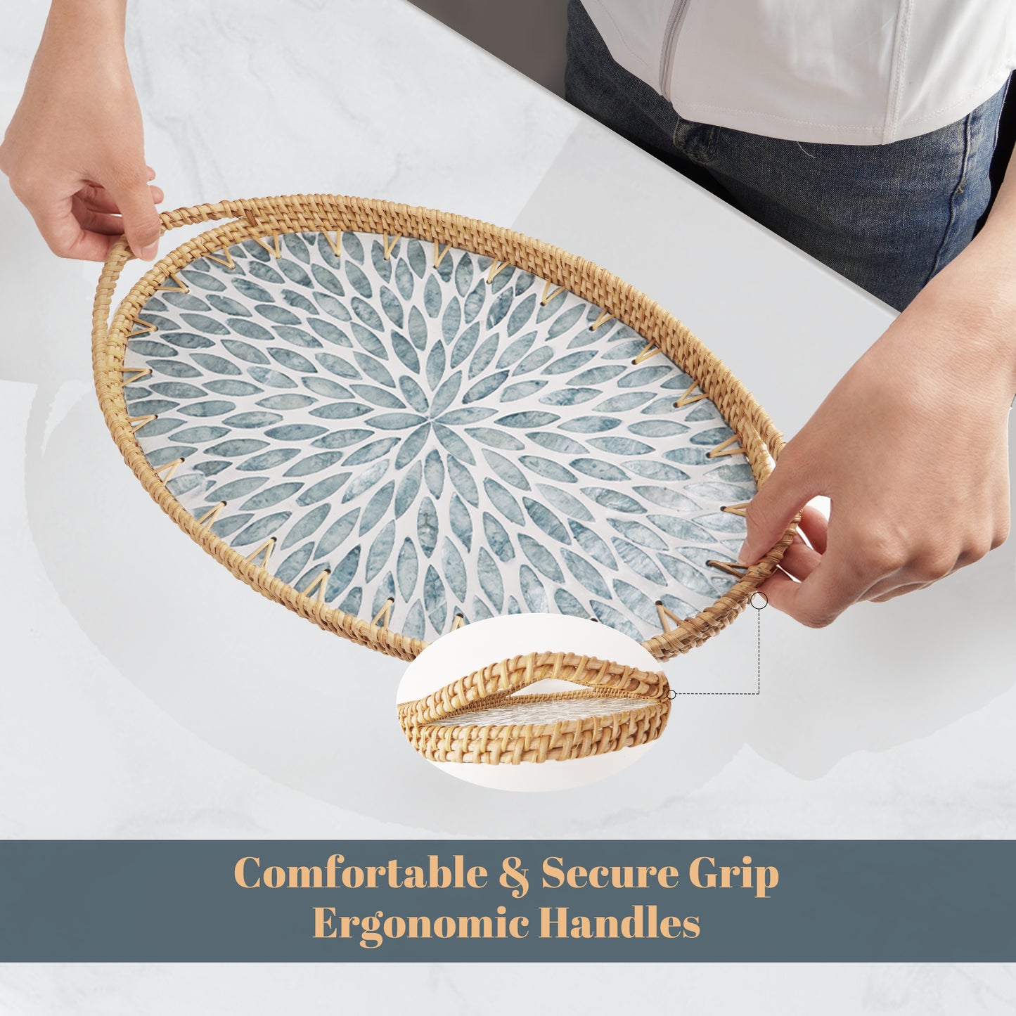 MEHOOM 14"&15" Farmhouse Decorative Tray, Rattan Serving Tray with Handles, Boho Decor for Coffee Table Kitchen Counter Dining Table Centerpiece