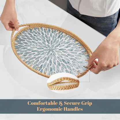 MEHOOM 14"&15" Farmhouse Decorative Tray, Rattan Serving Tray with Handles, Boho Decor for Coffee Table Kitchen Counter Dining Table Centerpiece
