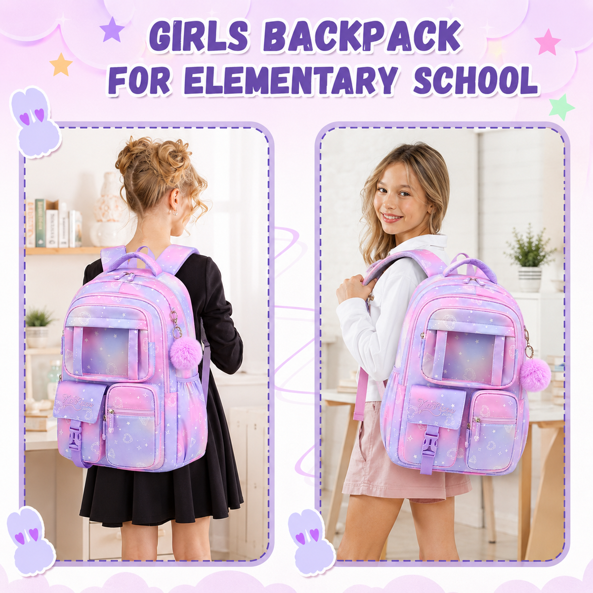 MEHOOM Girls Backpack for School, Kids Bookbag for Girls, Kawaii School Bag with Clear Display Pocket, Large Capacity Elementary Middle School Backpack, Purple Gradient