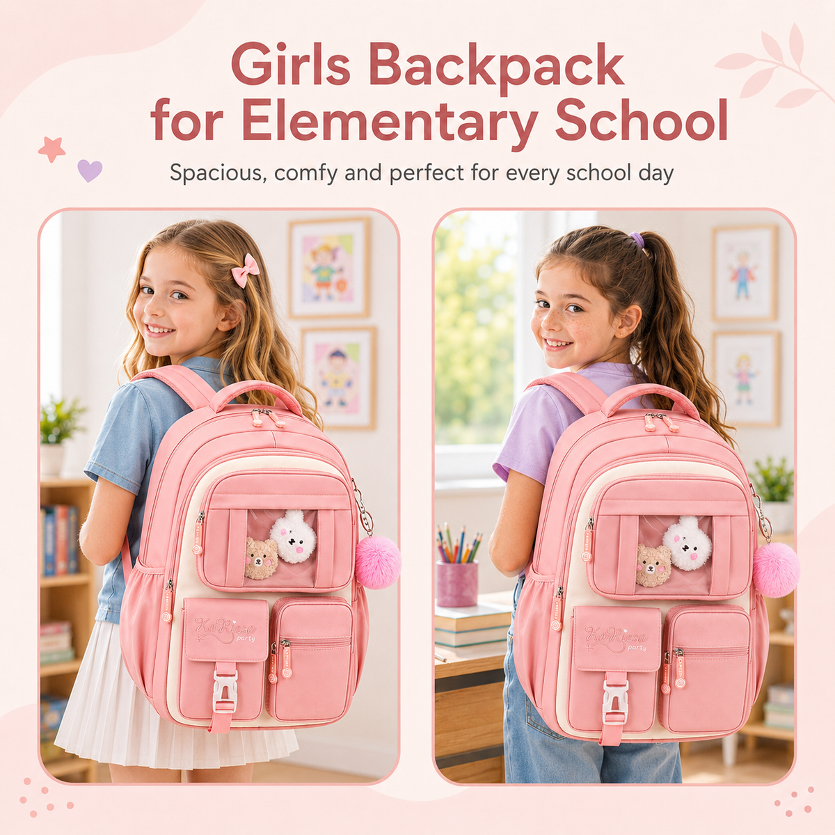 MEHOOM Girls Backpack for School, Kids Bookbag for Girls, Kawaii School Bag with Clear Display Pocket, Large Capacity Elementary Middle School Backpack, Pink