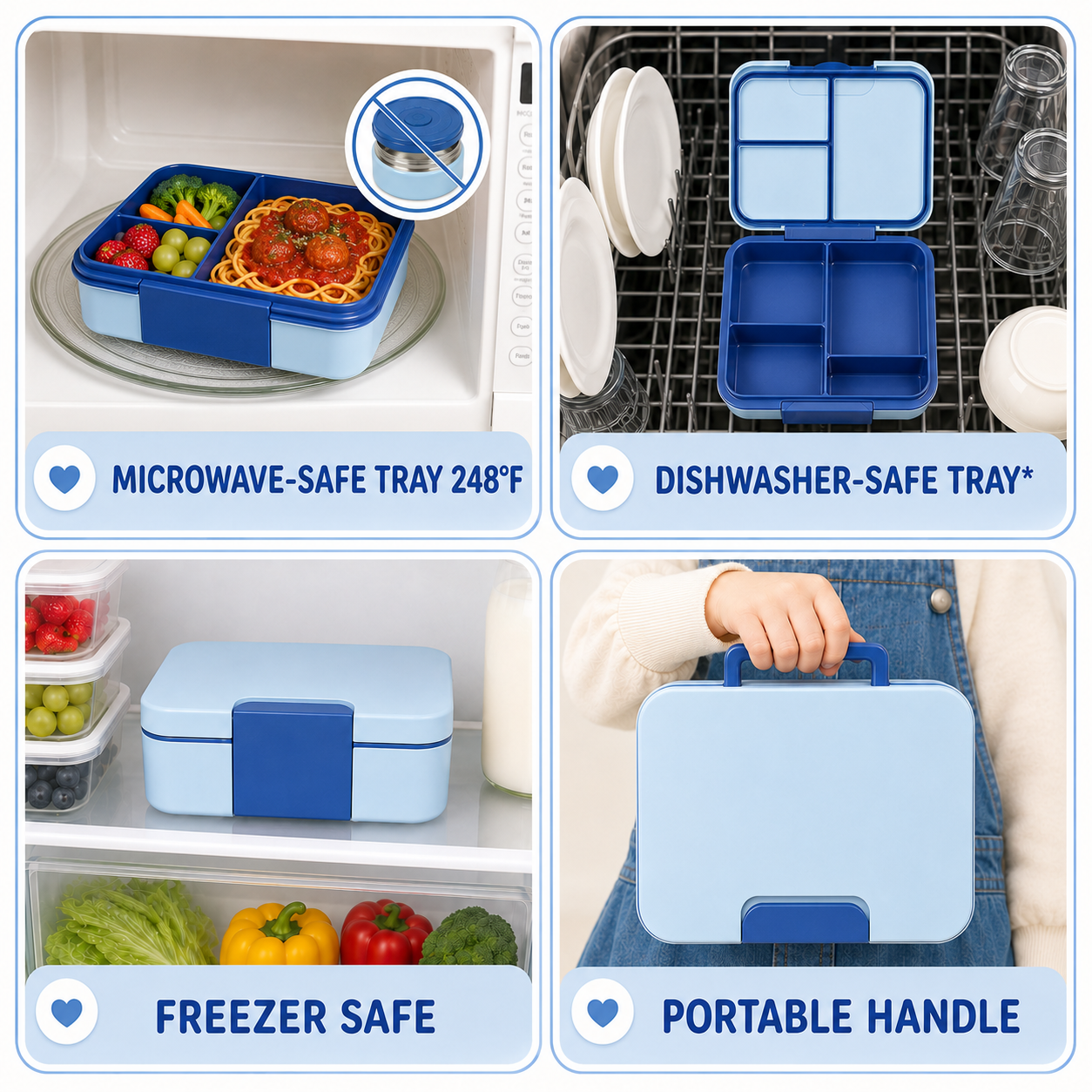 MEHOOM Kids Lunch Box with Thermos Food Jar, Bento Box for Kids with Removable Tray, Adjustable Divider, Soft Fork, Leak-Proof School Lunch Box for Daycare, Picnic, Travel, Blue