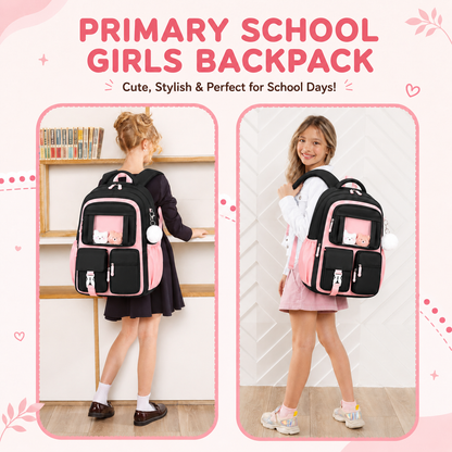 MEHOOM Girls Backpack for School, Kids Bookbag for Girls, Kawaii School Bag with Clear Display Pocket, Large Capacity Elementary Middle School Backpack, Black Pink