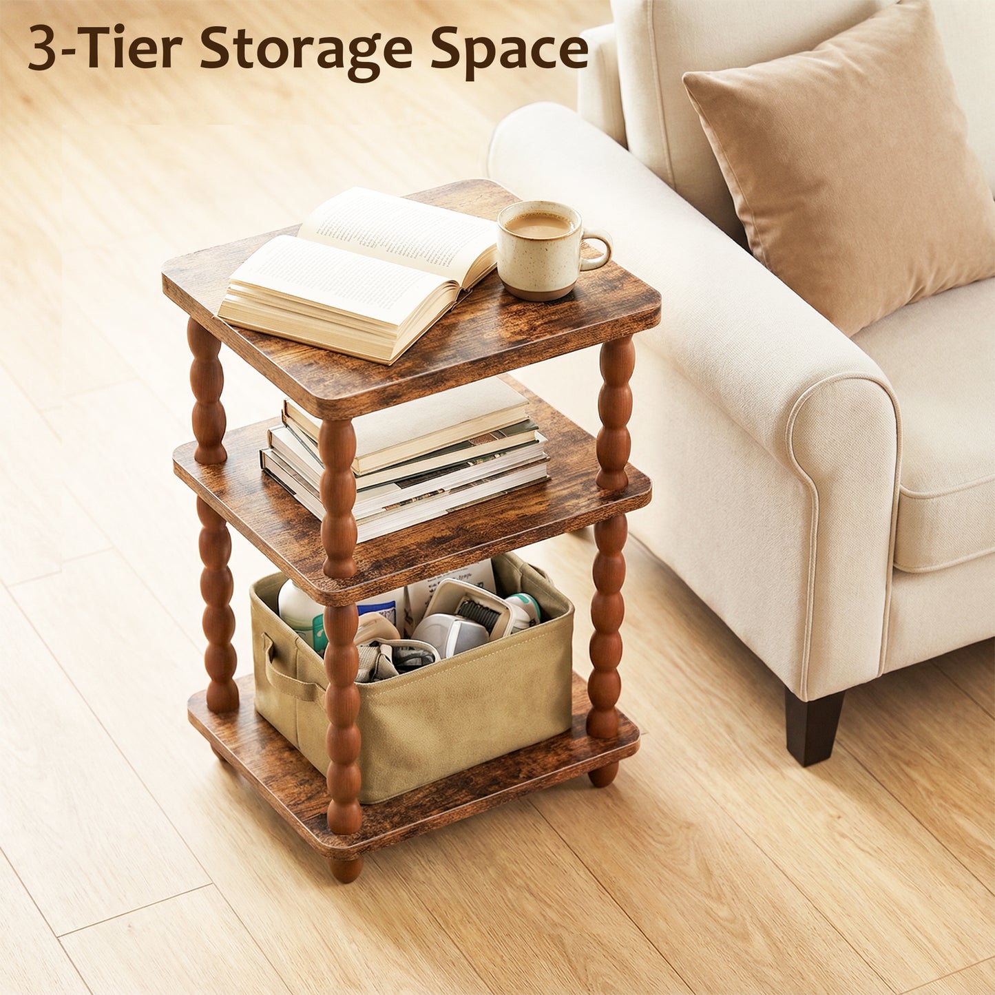 MEHOOM 3-Tier Side Table, Nightstand with Storage, Vintage Accent Table Small End Table for Living Room and Bedroom