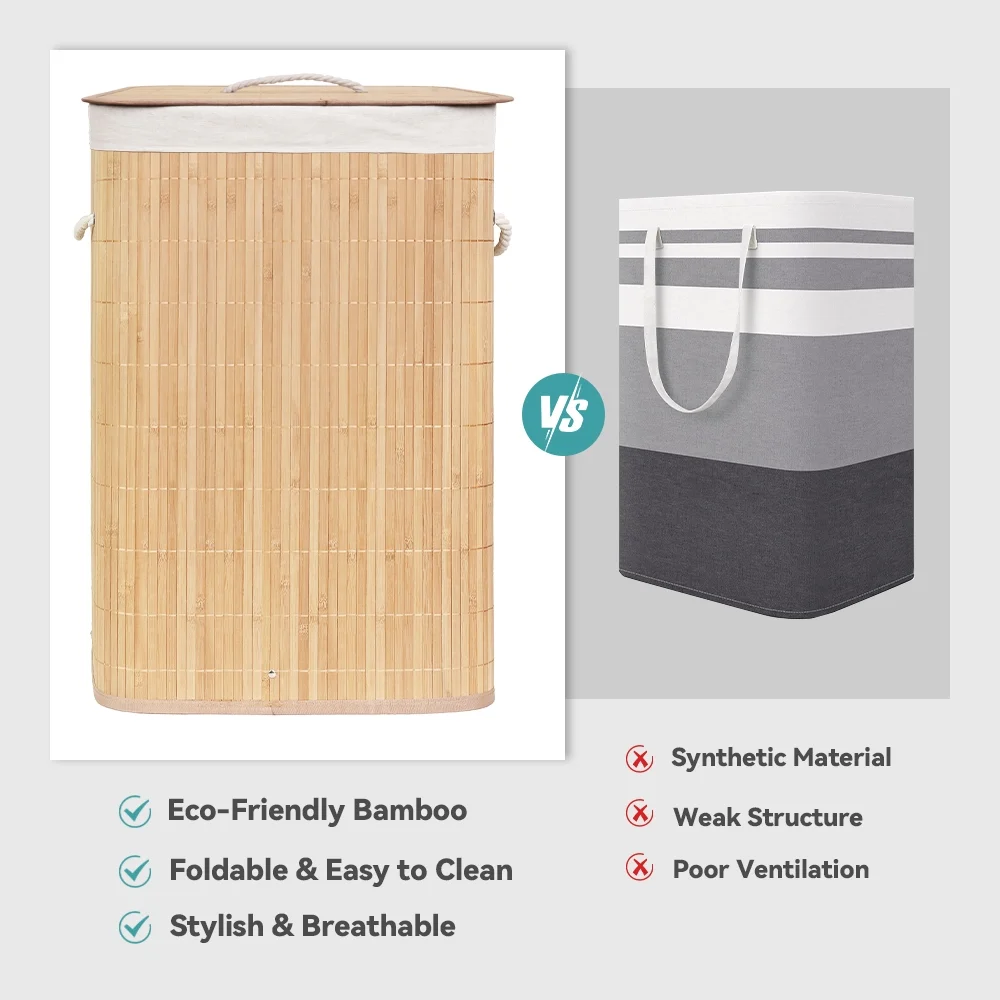 MEHOOM Bamboo Laundry Hamper with Lid, 80L Foldable Laundry Basket with Handles and Removable Liner Bag for Bedroom and Laundry Room
