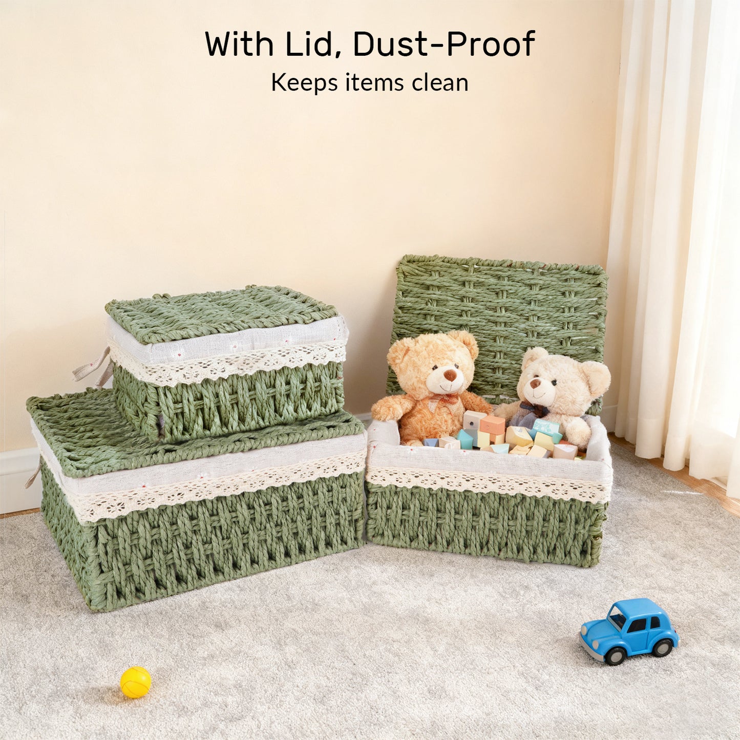 XGVGI Wicker Woven Set of 3 Storage & Organization, Woven Storage Baskets for Bedroom, Closet, Table, or Living Room (Green)