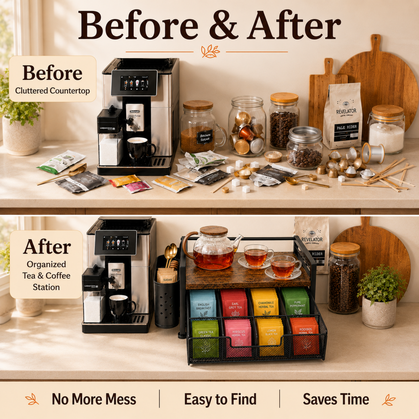 MEHOOM Tea Bag Organizer Kitchen Storage Box, Wood and Metal Tea Holder with Drawer, Countertop Tea Station Chest Display Container, Rustic Brown