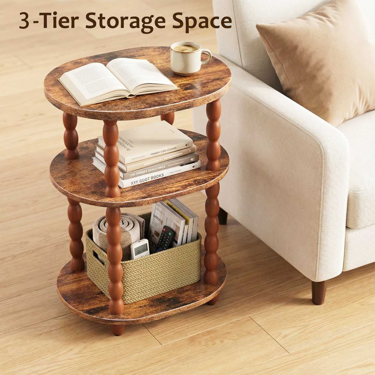 MEHOOM 3-Tier Side Table, Small End Table for Living Room and Bedroom, Vintage Accent Table Nightstand with Storage