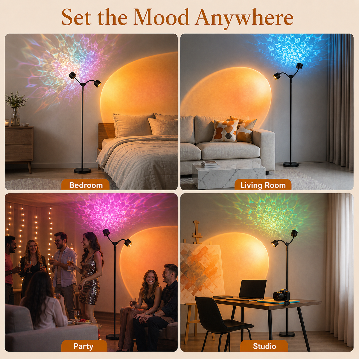 MEHOOM  Double-Headed Floor Lamp , 360°Rotating Sunset Lamp Ambiance Comes with 7 Color Swatches,  Modern Floor Stand Night Light for Living Rooms, Bedrooms & Offices