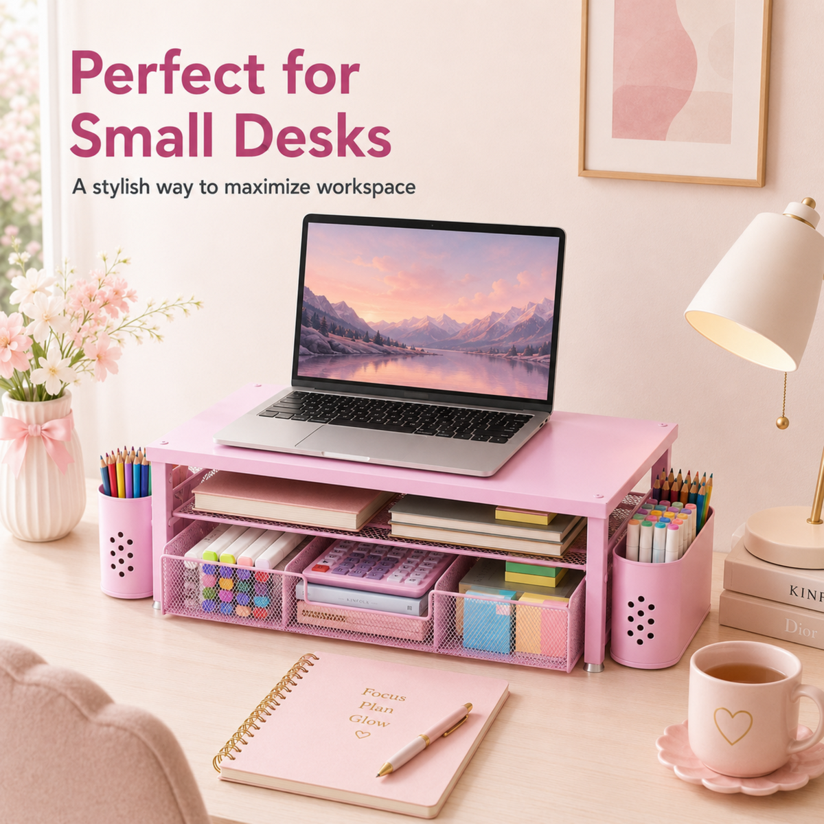 MEHOOM Desk Organizer, 3-Tier Monitor Stand with Storage and 2 Pen Holder, Laptop Stand, Office Desk Accessories for Office Supplies, Pink