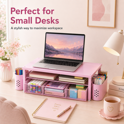 MEHOOM Desk Organizer, 3-Tier Monitor Stand with Storage and 2 Pen Holder, Laptop Stand, Office Desk Accessories for Office Supplies, Pink