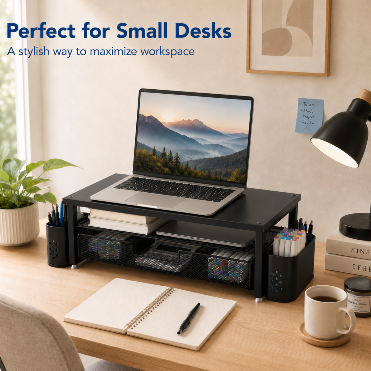 MEHOOM 3-Tier Monitor Stand Riser with Drawer and Pen Holders, Desk Organizer and Accessories college essential for Laptop, Office, and Dorm Desktop Setup, Black