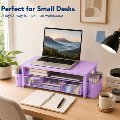 MEHOOM Desk Organizer, 2-Tier Monitor Stand with Storage and 2 Pen Holder, Laptop Stand, Office Desk Accessories for Office Supplies, Purple