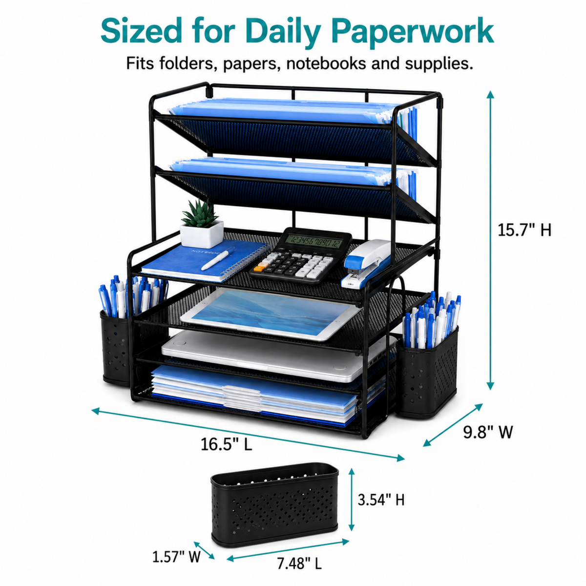 MEHOOM 6-Tier Desk Organizer, Metal File Organizer with Letter Tray Paper Organizer, Desktop Document & Mail Organizer, Office Supplies Organizer with 2 Pen Holders, Office Desk Accessories for Home,