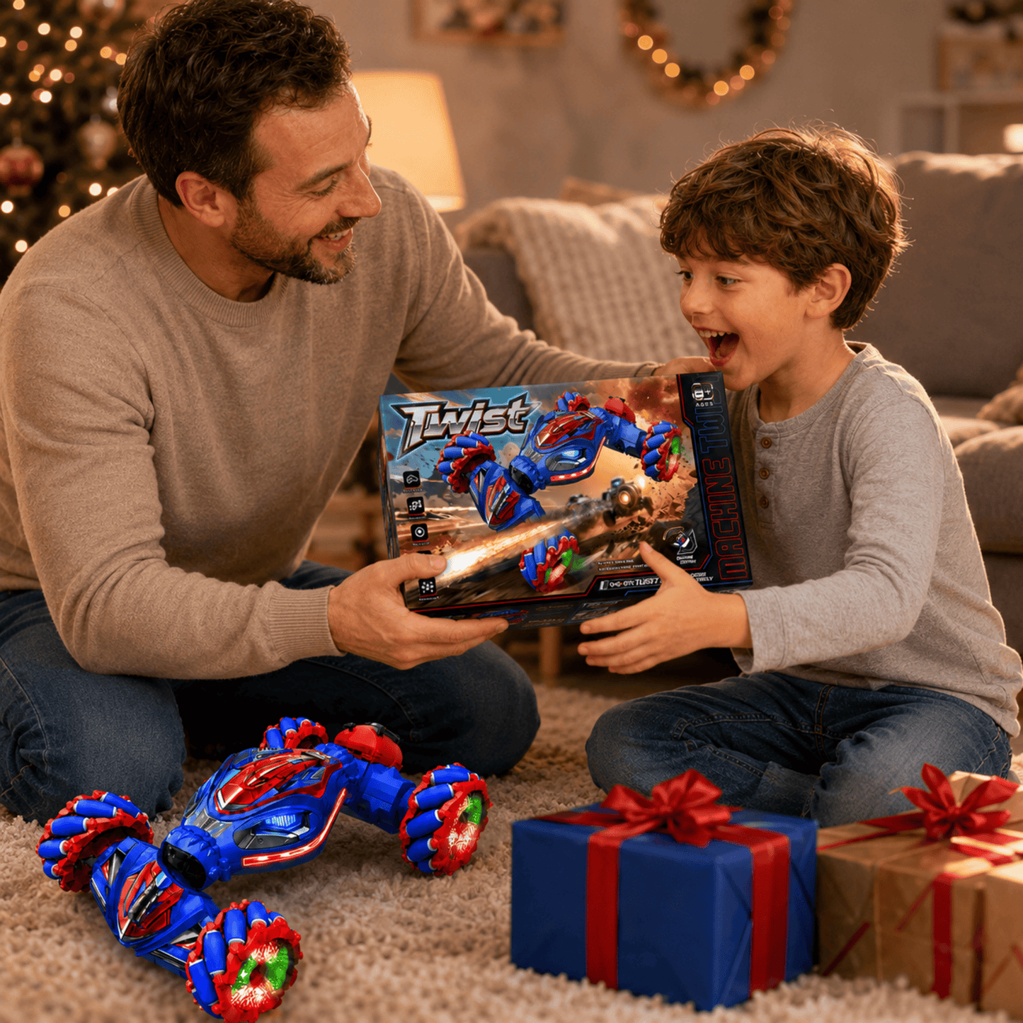 MEHOOM Remote Control Car for Kids Ages 3-12, 2.4GHz RC Stunt Car with Gesture Sensing, 360° Rotating Fast RC Car, LED Lights, Sounds & Mist Spray