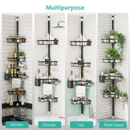 MEHOOM 4-Tier Corner Shower Caddy with Tension Pole, Adjustable 30–120 inch, No-Drill Shower Organizer with Hooks, Soap Holder & Toothbrush Cup, Rustproof Bathroom Caddy (Black)