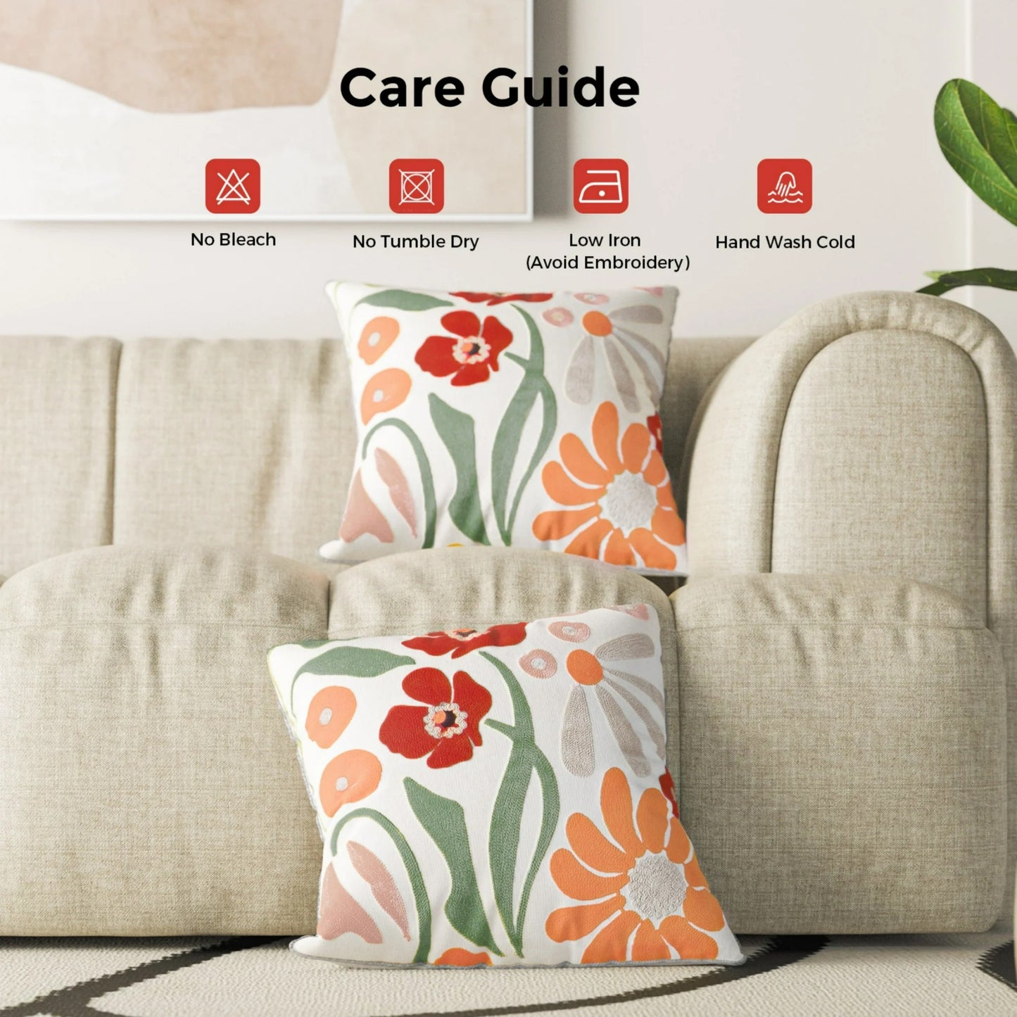 MEHOOM Hand Embroidered Throw Pillow Covers 18x18 Set of 2, Orange Boho Decorative Pillows Covers, Floral Decor Throw Pillow Covers