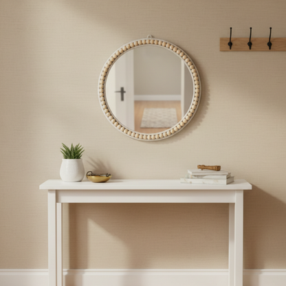 MEHOOM 17" Round Wall Mirror, Boho Hanging Round Mirror, Wall Decor for Bedroom, Bathroom, Living Room, Beige