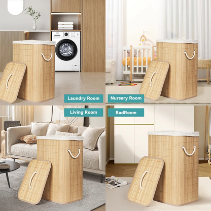 MEHOOM Bamboo Laundry Hamper with Lid, 80L Foldable Laundry Basket with Handles and Removable Liner Bag for Bedroom and Laundry Room