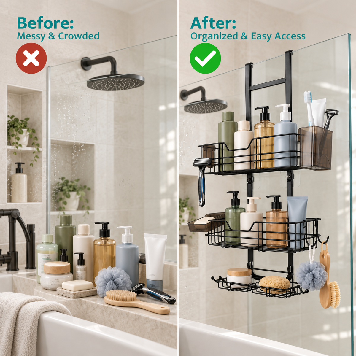 MEHOOM 3-Tier Over the Door Shower Caddy for Glass Door, No-Drill Hanging Shower Organizer with Soap Dish, Razor Holder, Hooks, Black