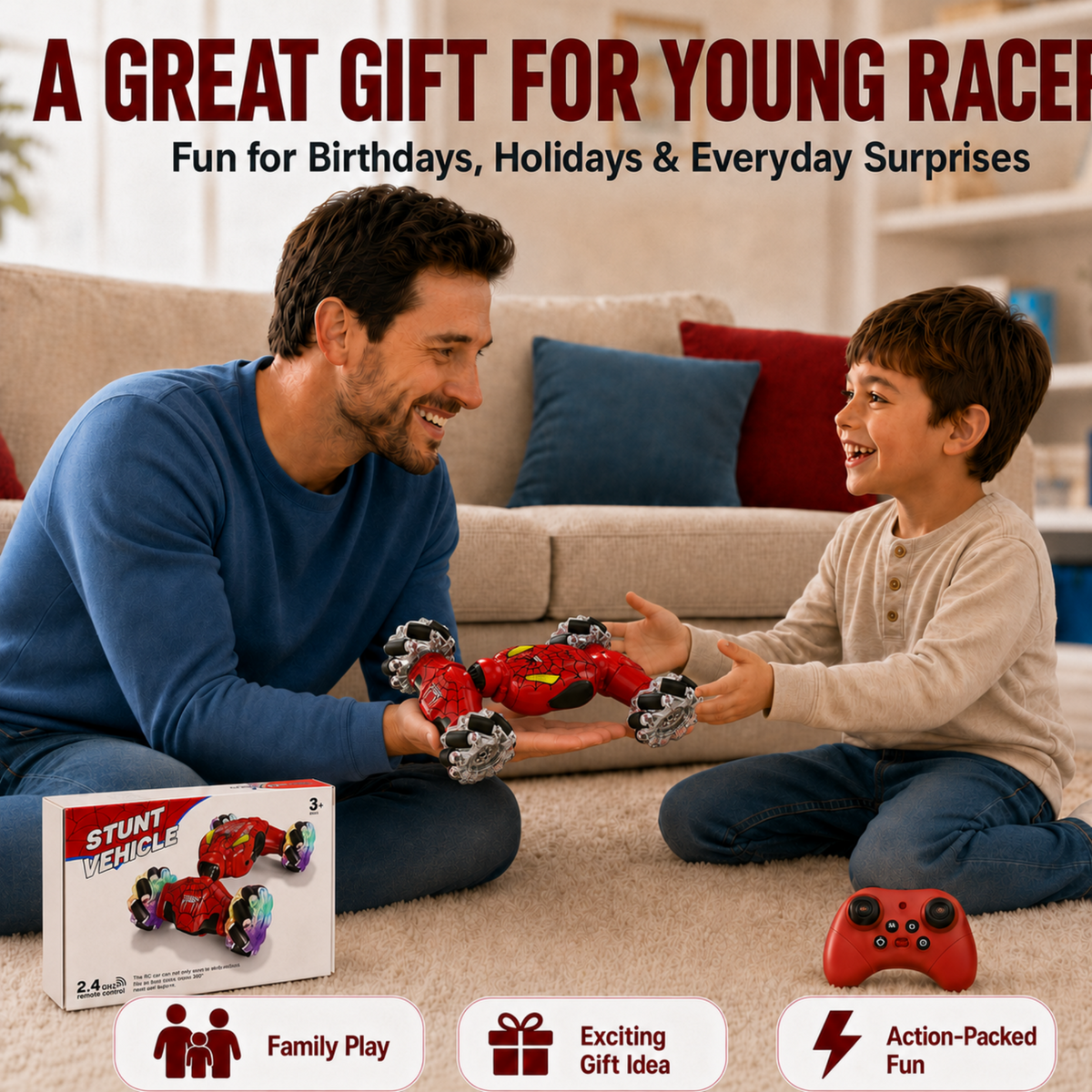 MEHOOM 4WD 360° Stunt & Drift Gesture Sensing RC Cars with 2.4GHz, Rechargeable Remote Control Cars for Kids Ages 3-12, Red