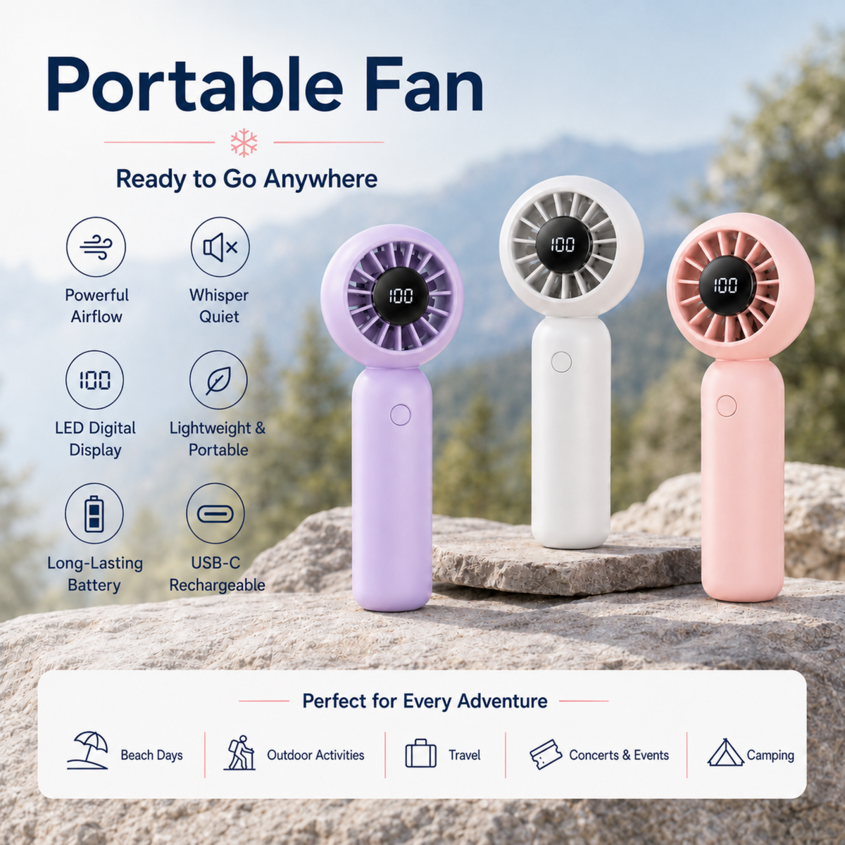 Portable Handheld Mini Fan, Rechargeable 4000mAh Small Personal Fan with 5 Speeds, Air Turbo Portable Fan for Outdoor Indoor, Travel, Makeup, Eyelash, Kids & Women, White