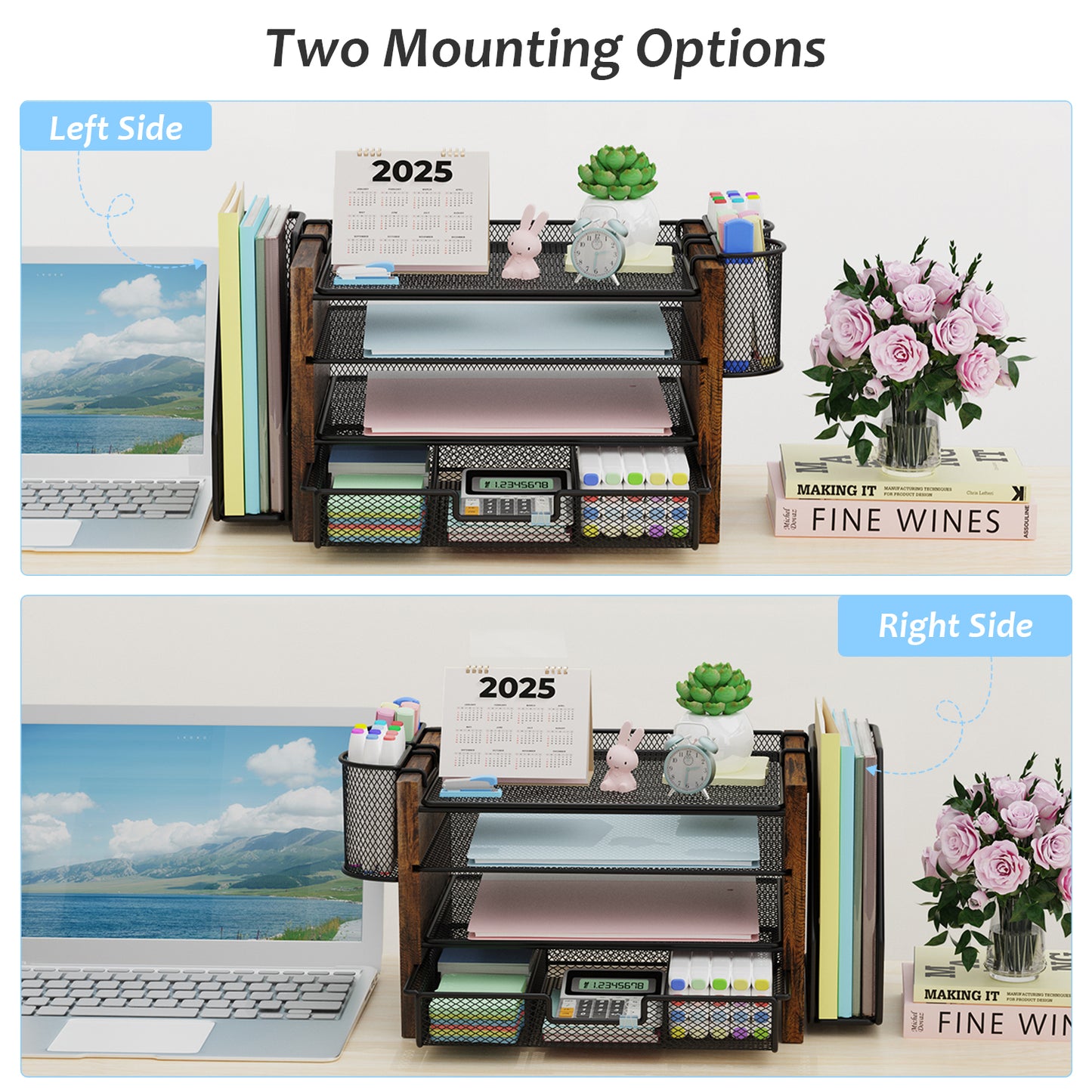 MEHOOM Desk Organizer with File Holder,4-Tier Desk File Organizer with Drawer and 2 Pen Holders, Office Desk Accessories, File Sorters, Workspace Organizers for Office Supplies