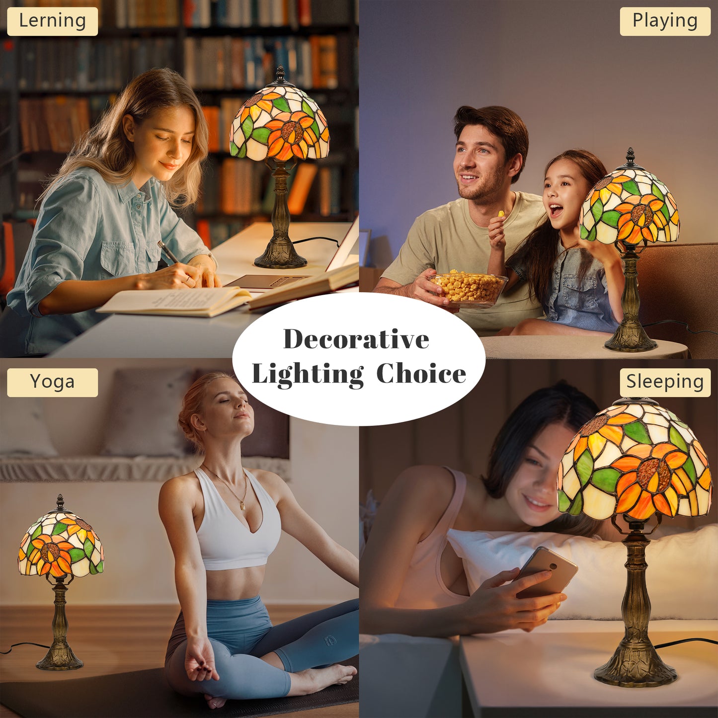 MEHOOM Sunflower Tiffany Style Table Lamp with Stained Glass Lamp Shade, LED 3 Color,Auto Timer Dimmable,Bedroom, Living Room