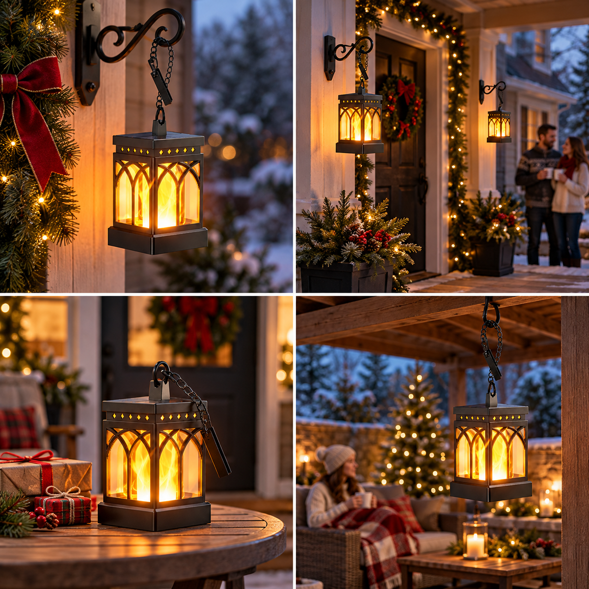 MEHOOM Solar Lanterns Outdoor Waterproof, 4-Pack Flickering Flame Hanging Solar Lights for Patio Yard Garden Decor