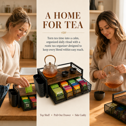 MEHOOM Tea Bag Organizer Kitchen Storage Box, Wood and Metal Tea Holder with Drawer, Countertop Tea Station Chest Display Container, Rustic Brown