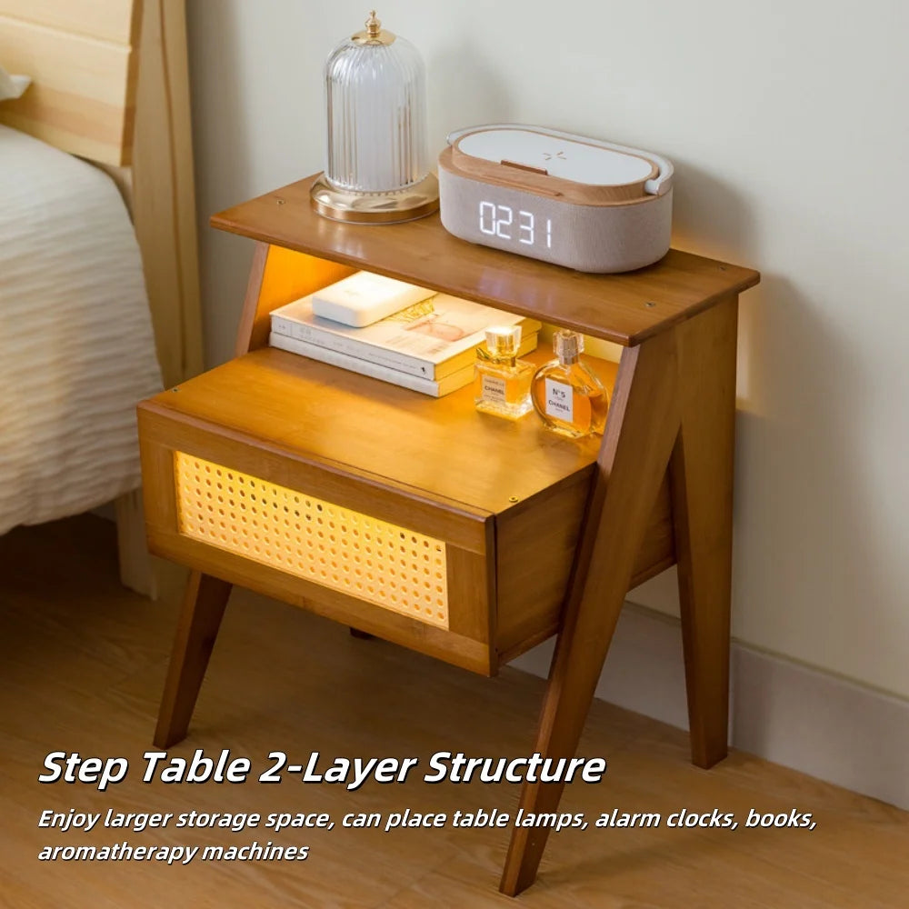 MEHOOM Wooden Night Stand, Small Night Table with Drawers 2-Tier Storage Bedside Table, End Table for Bedroom, Living Room Home Decor, Brown